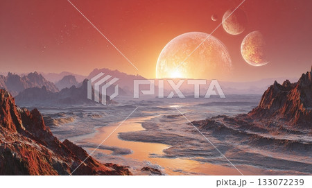 Exoplanetary Landscape: A vista of layered mountains leads to a horizon illuminated by a planetrise and multiple moons, set under a red-tinged sky. 133072239