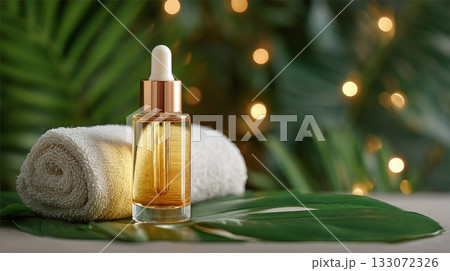 Golden serum and fluffy towel resting on a broad green leaf under soft bokeh lights. Ideal for wellness and skincare routines. Focus on natural beauty and relaxation. 133072326