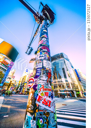 日本の東京都市景観 旅の想い出はシールとともに…朝日を浴びる交差点や信号の柱に貼られたステッカー等… 133072527