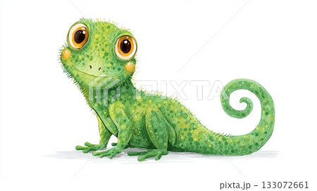 Charming illustration of a vibrant green lizard with big eyes and a playful, curly tail. The digital artwork shows the creature in a whimsical and friendly light. Charming illustration of a vibrant green lizard with big eyes and a playful, curly tail. The digital artwork shows the creature in a whimsical and friendly light. 133072661