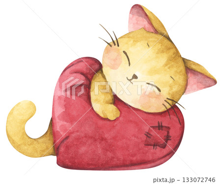 Cute cat in love on valentine day. Watercolor illustration. Cute cat in love on valentine day. Watercolor illustration. 133072746