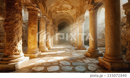 Ancient hall with stone pillars, aged walls, and sunbeams creating a path of light through arched tunnel. The architecture exudes timeless beauty and mysterious depths. 133072840