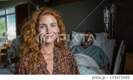A woman with curly red hair smiles in a hospital room, where a man is in bed, hooked up to an IV. She looks determined and hopeful. Family support, strength in difficult times. A woman with curly red hair smiles in a hospital room, where a man is in bed, hooked up to an IV. She looks determined and hopeful. Family support, strength in difficult times. 133073089