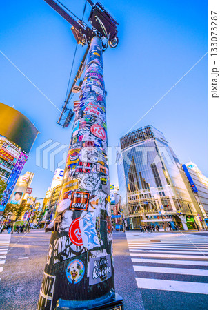 日本の東京都市景観 旅の想い出はシールとともに…朝日を浴びる交差点や信号の柱に貼られたステッカー等… 133073287