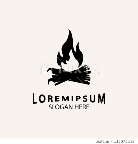 vintage Hipster bonfire Campfire logo badge label vector illustration on dark background. Crossed logs of wood and fire flame Classic badge 133073318