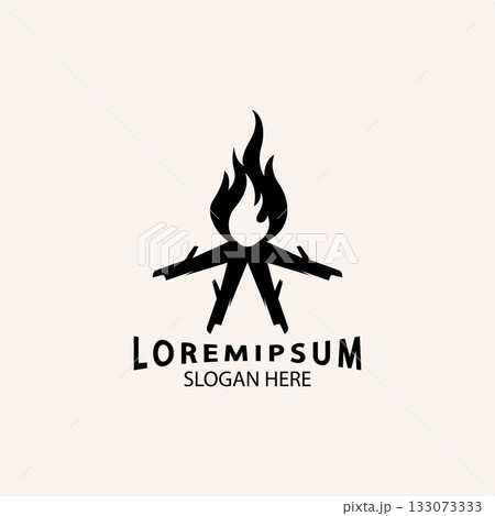 vintage Hipster bonfire Campfire logo badge label vector illustration on dark background. Crossed logs of wood and fire flame Classic badge 133073333