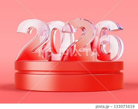 3d red podium with glass number 2026 for happy Chinese new year of fire horse. Luxury scene with scarlet gradient transparent font. Render festive banner, oriental greeting background. 3D illustration 133073819