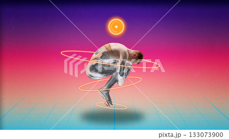 Surreal collage art. Floating cyber-enhanced man wrapped in glowing rings over neon horizon 133073900