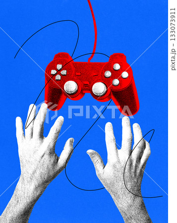 Graphic composition. Red game controller floating above hands in retro photocopy style. Graphic composition. Red game controller floating above hands in retro photocopy style. 133073911