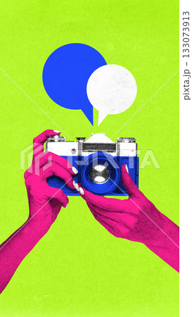 Creative digital artwork. Retro camera held with chat bubbles in vivid photocopy style. Creative digital artwork. Retro camera held with chat bubbles in vivid photocopy style. 133073913