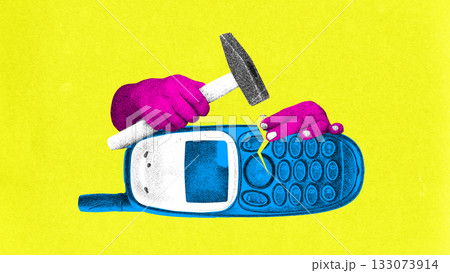 Surreal collage art. Retro mobile phone hammered by bold hands in photocopy pop style. Surreal collage art. Retro mobile phone hammered by bold hands in photocopy pop style. 133073914