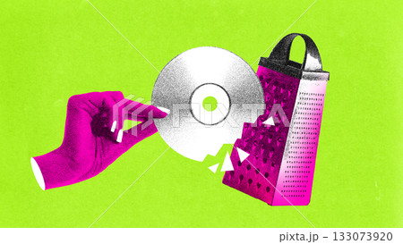 CD held near cheese grater in surreal humorous retro photocopy collage 133073920