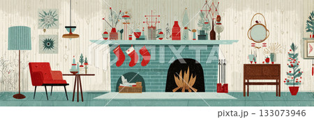 A cozy scene showcases a retro Christmas setup with colorful stockings hung over a green fireplace, vibrant plants, and cheerful decorations, evoking a warm holiday spirit, banner 133073946