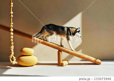Husky navigates a unique tunnel and climbs a platform in a contemporary indoor training area designed for enhancing pet fitness and recovery 133073948