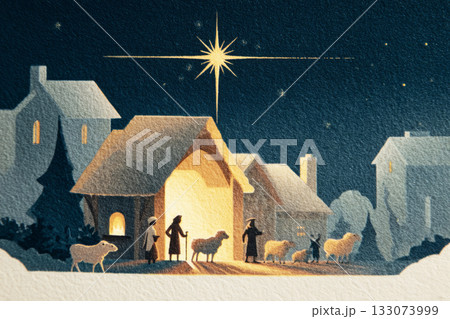In this nostalgic Christmas illustration, a stable glows warmly under a bright star. Shepherds gather, inspired by the birth of Jesus, surrounded by sheep and a snowy landscape 133073999