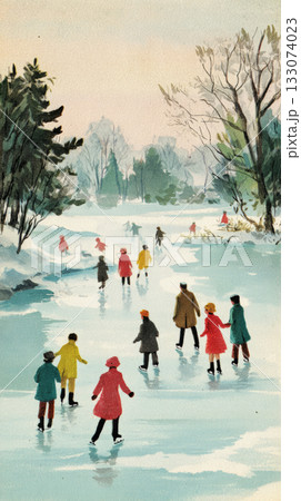 Families and friends skate joyfully on a frozen pond in a nostalgic winter scene inspired by the 50s, surrounded by snow-covered trees and a pastel sky Families and friends skate joyfully on a frozen pond in a nostalgic winter scene inspired by the 50s, surrounded by snow-covered trees and a pastel sky 133074023