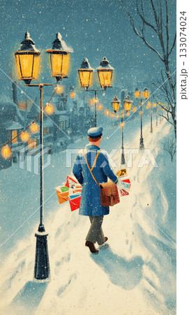 A mailman walks through a snowy street, carrying letters and packages as street lamps illuminate charming homes. The scene captures the festive spirit of Christmas in the 50s or 60s A mailman walks through a snowy street, carrying letters and packages as street lamps illuminate charming homes. The scene captures the festive spirit of Christmas in the 50s or 60s 133074024