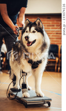 A husky stands on a balance platform while a trainer assists, focusing on improving the dog's mobility and strength during rehabilitation exercises in a gym setting A husky stands on a balance platform while a trainer assists, focusing on improving the dog's mobility and strength during rehabilitation exercises in a gym setting 133074116