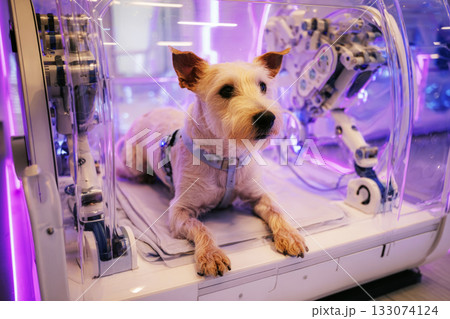 A small terrier interacts with a high-tech therapy pod designed to assist in rehabilitation. Robotic arms gently guide its legs, promoting movement and fitness in a safe environment 133074124