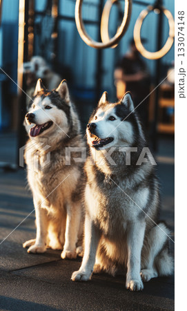 Two huskies sit side by side, watching intently as another dog leaps through a colorful hoop in a bright and airy dog gym on a sunny day 133074148