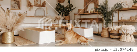 A golden retriever happily runs up a ramp in a spacious dog-friendly gym filled with platforms and tunnels, embodying the spirit of fitness and playful exercise for pets 133074149