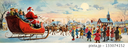 Cheerful children watch as Santa Claus rides his festive sleigh through a snowy village adorned with charming decorations and a traditional clock tower at sunset, banner 133074152