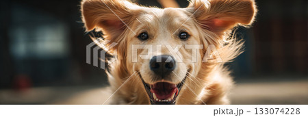 A golden retriever happily climbs a ramp in a dog-friendly gym. The space features various platforms and tunnels to support training and rehabilitation for pets, banner 133074228