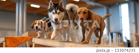A husky, beagle, and Labrador are navigating agility obstacles together in a clean training hall. They are happily interacting, promoting fitness and bonding, banner 133074235