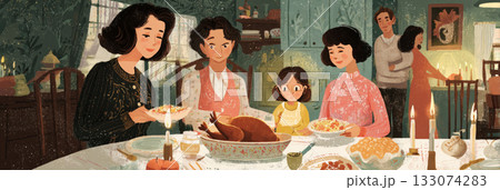 A joyful family enjoys a traditional Christmas dinner in a retro kitchen, banner 133074283