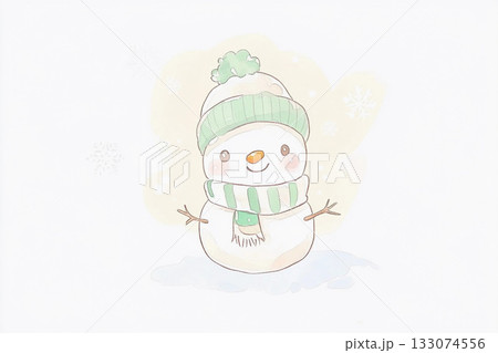 Cute snowman illustration with hat and scarf, festive winter character, Christmas and New Year holiday concept Cute snowman illustration with hat and scarf, festive winter character, Christmas and New Year holiday concept 133074556