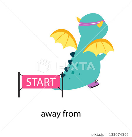 Prepositions with Cute Dragon Character Away from Start Vector Illustration 133074593