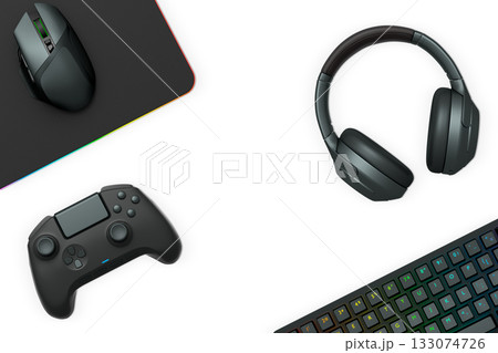 Gaming mouse, controller, RGB keyboard and headphones displayed in flat lay style isolated on white background with clipping path. 133074726