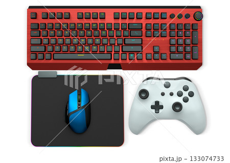 Gaming mouse, controller, RGB keyboard and headphones displayed in flat lay style isolated on white background with clipping path. Gaming mouse, controller, RGB keyboard and headphones displayed in flat lay style isolated on white background with clipping path. 133074733