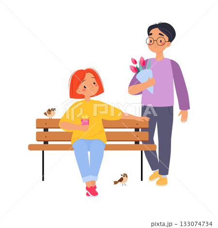 Woman Sit on Bench in Park and Man with Flower Vector Illustration 133074734
