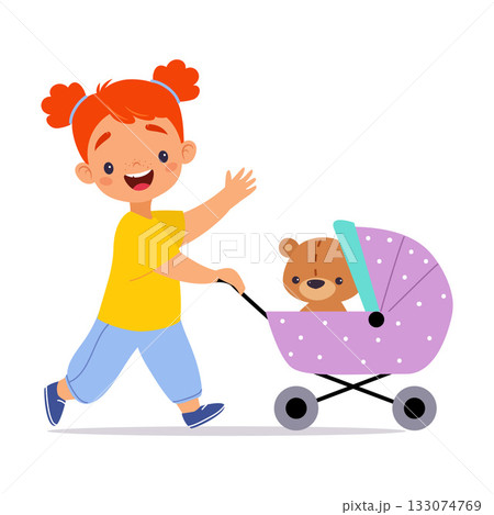 Girl Character Play Toy Push Baby Carriage with Teddy Bear Vector Illustration 133074769