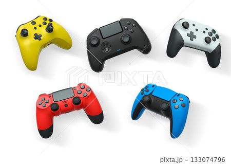 Wireless gaming controllers flying in air isolated on white background, symbolizing gaming technology concept Wireless gaming controllers flying in air isolated on white background, symbolizing gaming technology concept 133074796