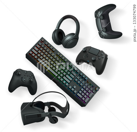Gaming keyboard with RGB lighting, controllers, VR headset, and headphones isolated on white background with clipping path Gaming keyboard with RGB lighting, controllers, VR headset, and headphones isolated on white background with clipping path 133074799