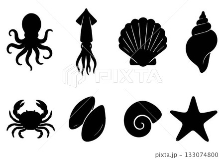 Collection of black silhouette icons featuring sea life and shells: octopus, squid, crab, scallop, conch, starfish, mollusk, mussels. Marine animal shapes. Underwater world. Biodiversity. Collection of black silhouette icons featuring sea life and shells: octopus, squid, crab, scallop, conch, starfish, mollusk, mussels. Marine animal shapes. Underwater world. Biodiversity. 133074800