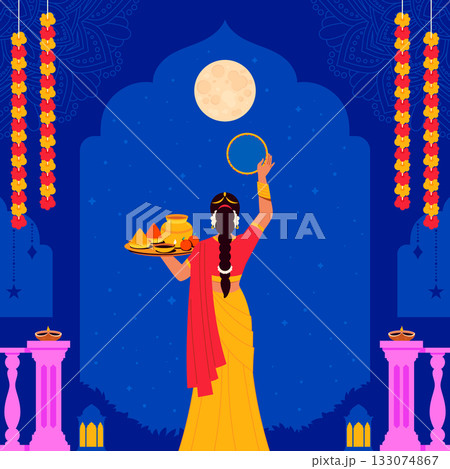 Square layout showing diya flower garlands and moon flat style Square layout showing diya flower garlands and moon flat style 133074867