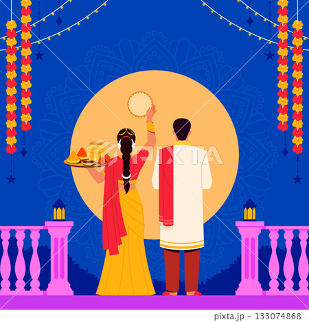 Composition showing a couple facing moon with ritual tray flat style Composition showing a couple facing moon with ritual tray flat style 133074868