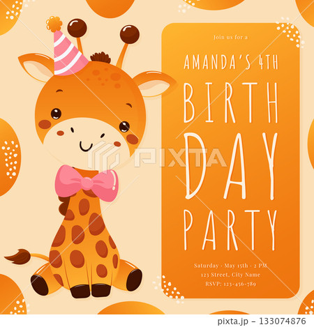 Cartoon Giraffe Kids Birthday Party Square Invitation Template. Cartoon Giraffe Kids Birthday Party Square Invitation Template. 133074876