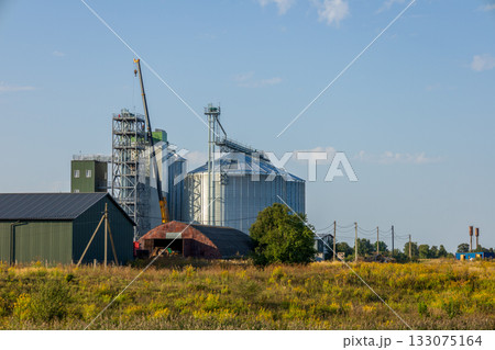 Large silos and a granary sit in a rural area, reflecting the importance of grain storage in modern farming. A crane is visible in the background Large silos and a granary sit in a rural area, reflecting the importance of grain storage in modern farming. A crane is visible in the background 133075164