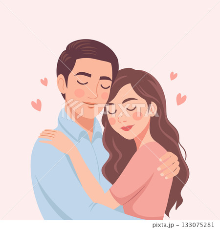 Romantic couple in love. Young man and woman embracing. Illustration. 133075281