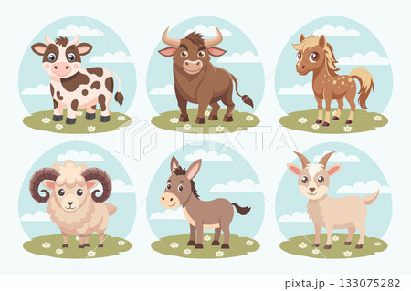 Cute collection of farm animals. A cow, a bull, a goat, a lamb, a donkey and a horse. Set of cute farm animals. 133075282