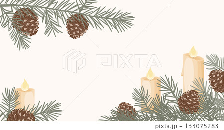 Festive winter background with pine branches, pine cones and lit candles. Christmas background. Festive winter background with pine branches, pine cones and lit candles. Christmas background. 133075283