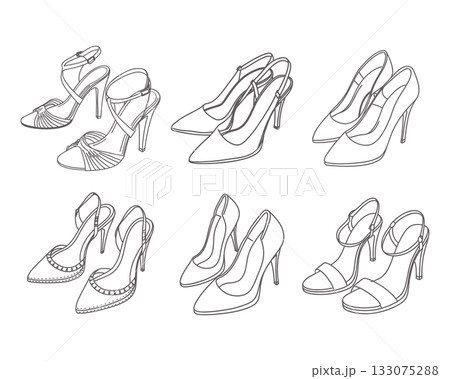 Set of womens shoes. Collection of elegant high heels shoes. Sketch. Set of womens shoes. Collection of elegant high heels shoes. Sketch. 133075288