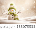 Snowman with hat and scarf on snow with bokeh background, festive winter scene, Christmas and New Year character 133075533