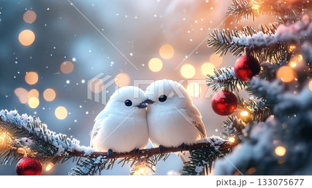 クリスマスツリーの枝に留まったかわいいシマエナガの番のクローズアップ 133075677