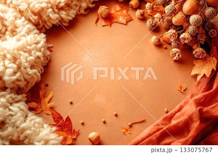 背景画像　秋　テラコッタカラー　ふわふわな毛糸と木の実 133075767