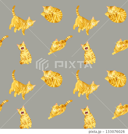 色々なポーズの茶トラ猫のシームレスパターン　動物・ペットの手描き水彩イラスト背景素材 133076026